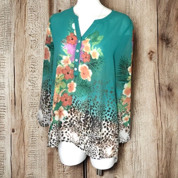 Soft Surroundings Tunic Symphony Night Floral Animal Print Top M Roll Tab Sleeve - Picture 8 of 13